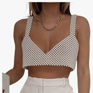 Elegant Pearl Embellished White Crop Top